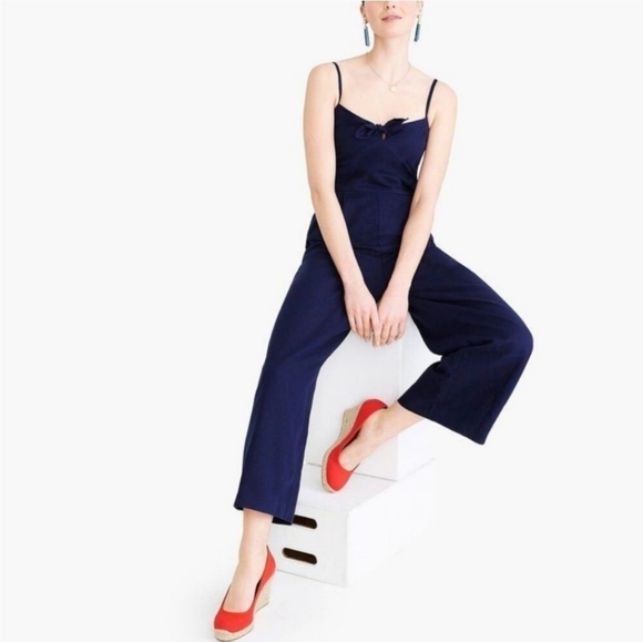 J. Crew Navy Blue Linen Tie Front Jumpsuit - Picture 2 of 8